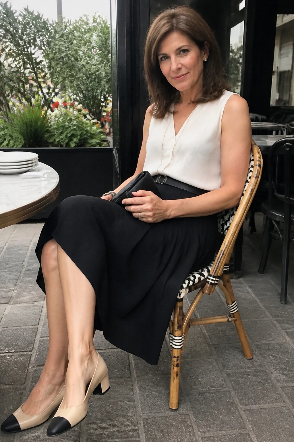 Woman in white sleeveless top and black skirt seated on woven chair holding clutch