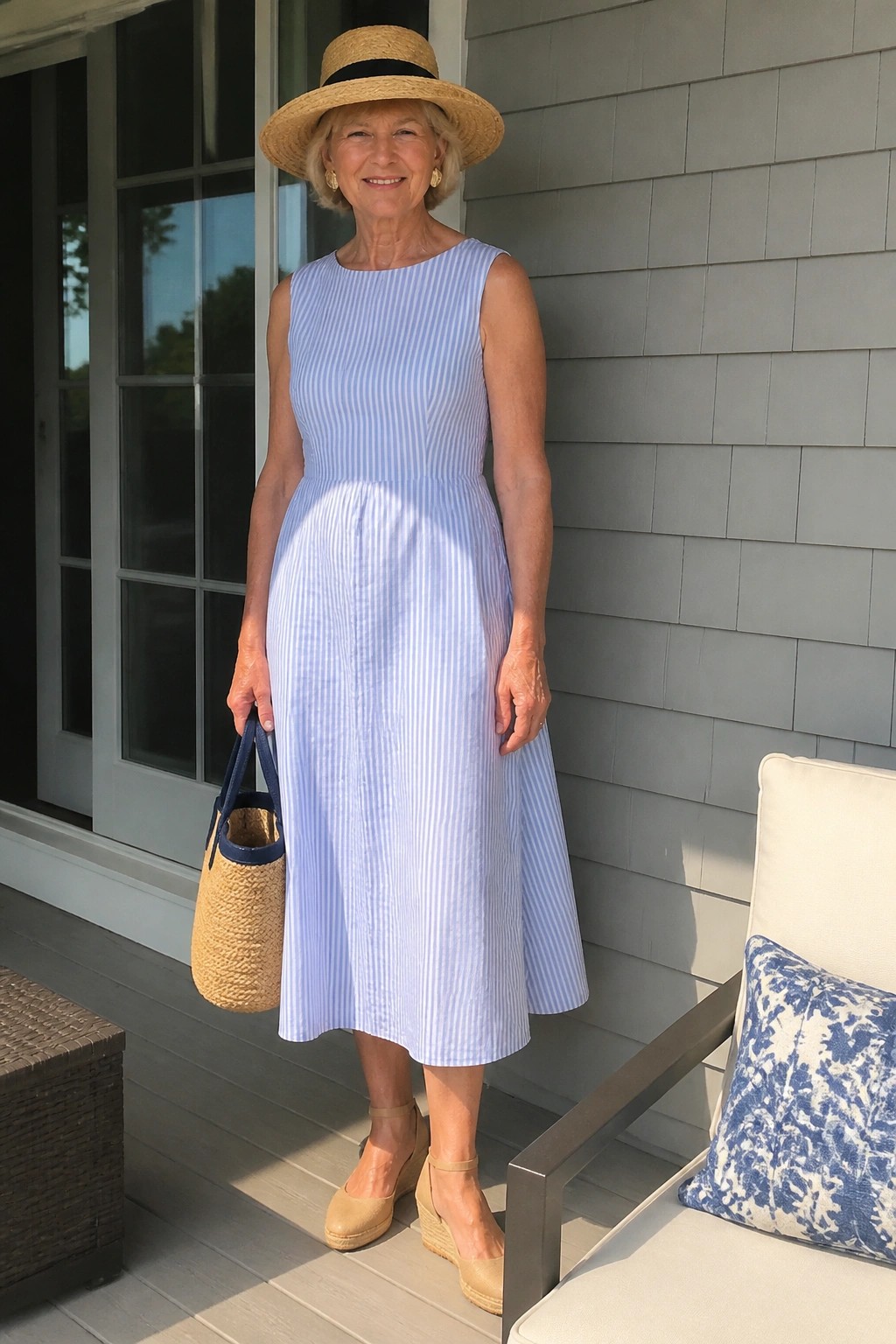 Elderly woman in blue striped dress and straw hat holding woven bag on porch