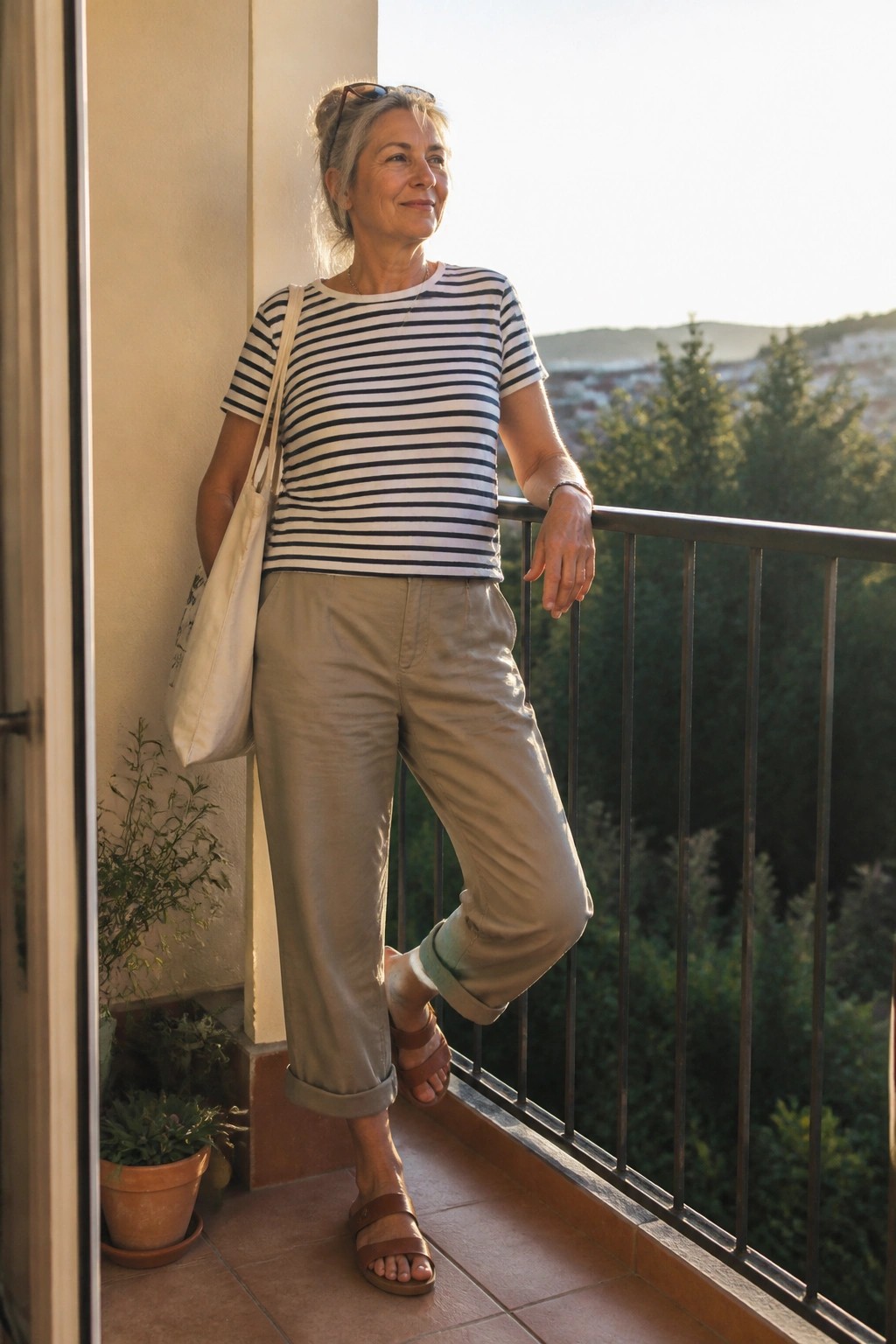 Woman in striped shirt and beige pants leaning on balcony railing