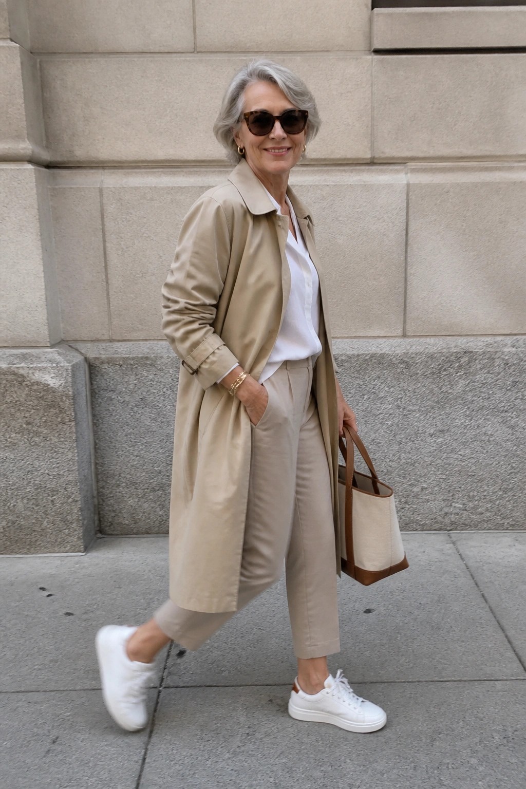 Gray-haired woman in beige trench coat, trousers and white sneakers holding tote bag outdoors