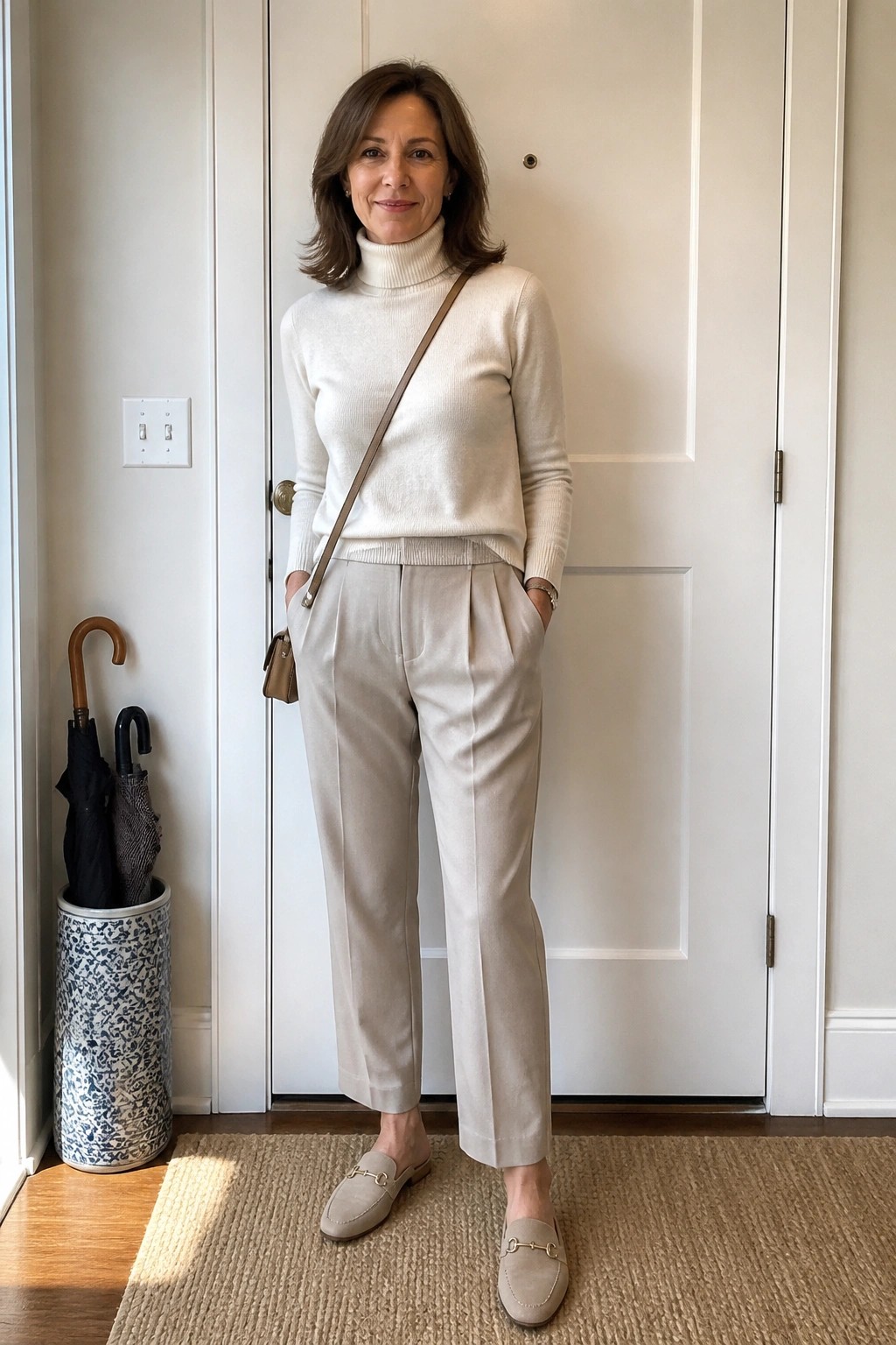 Woman in cream turtleneck, beige trousers, and loafers standing by white door