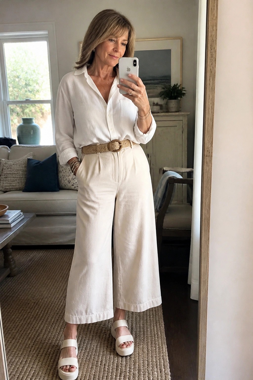 Woman in white shirt and wide pants with woven belt taking mirror selfie