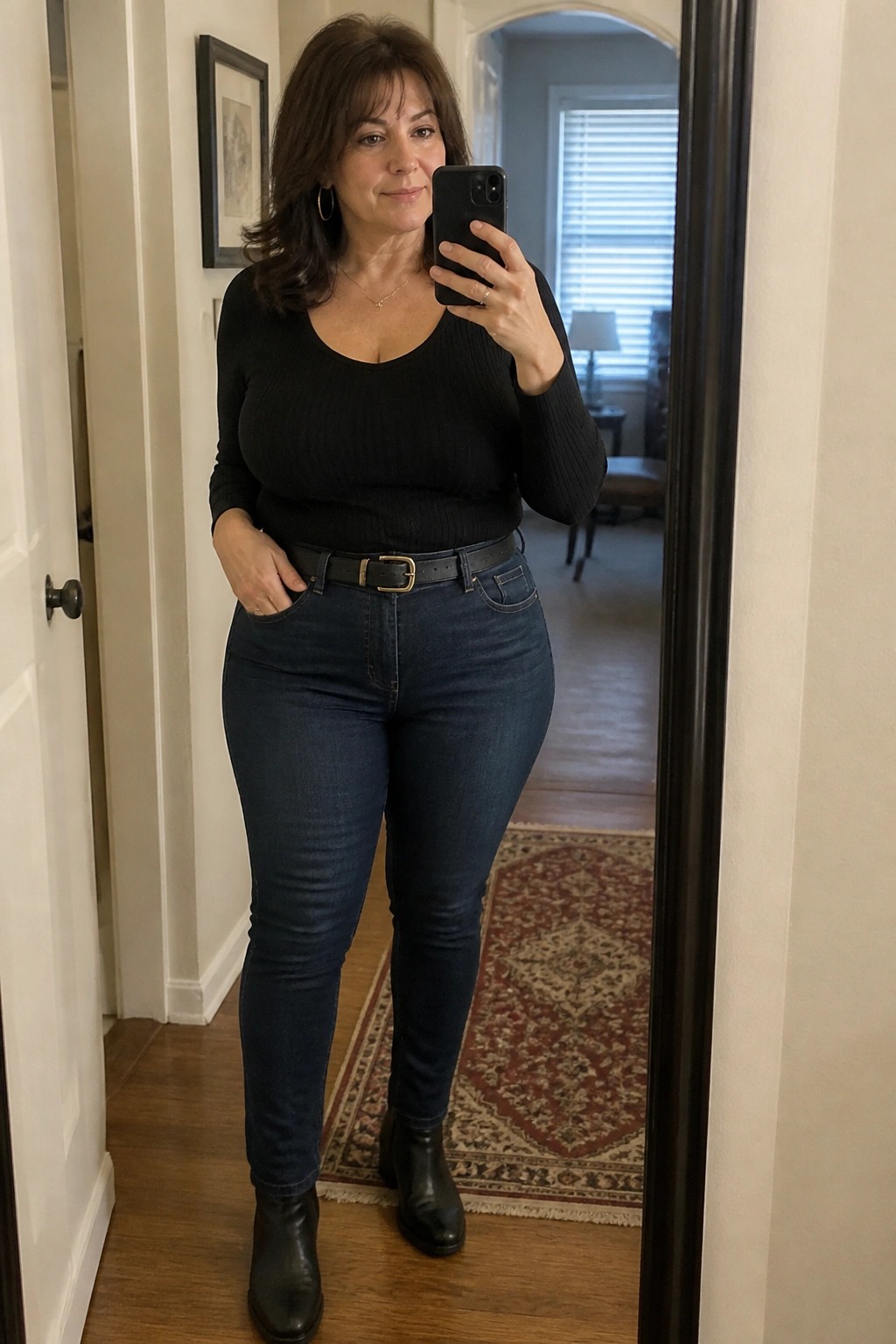 Woman in black top and blue jeans taking mirror selfie with phone in hallway