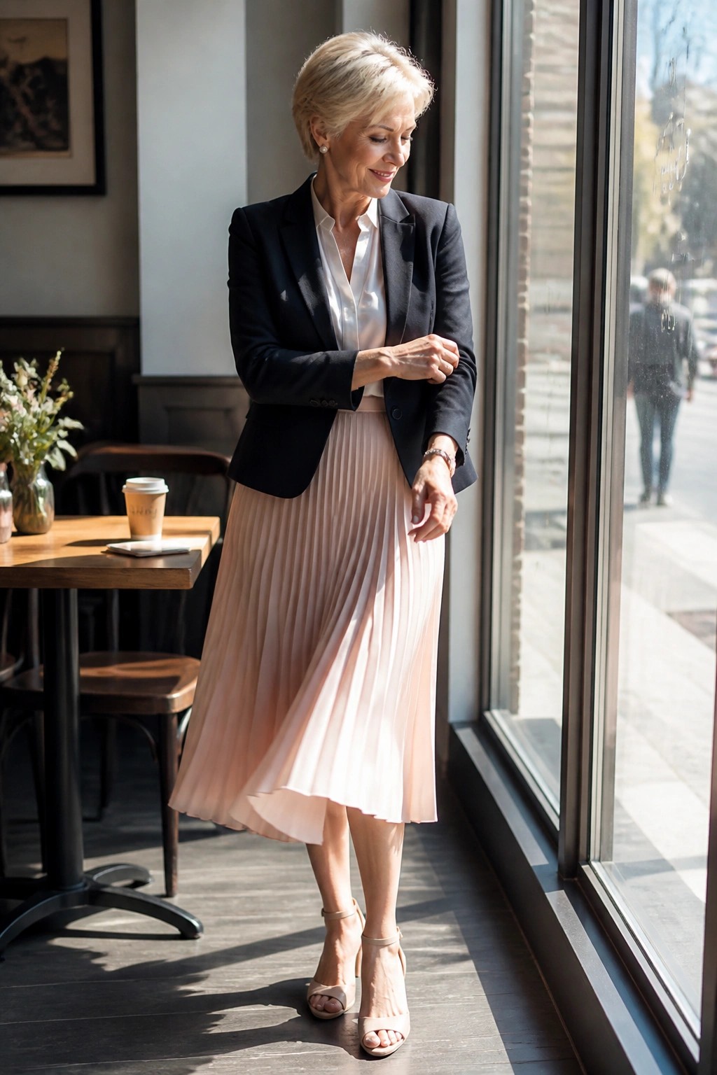 Smiling blonde woman in black blazer and pink pleated skirt checks wrist by sunny window.