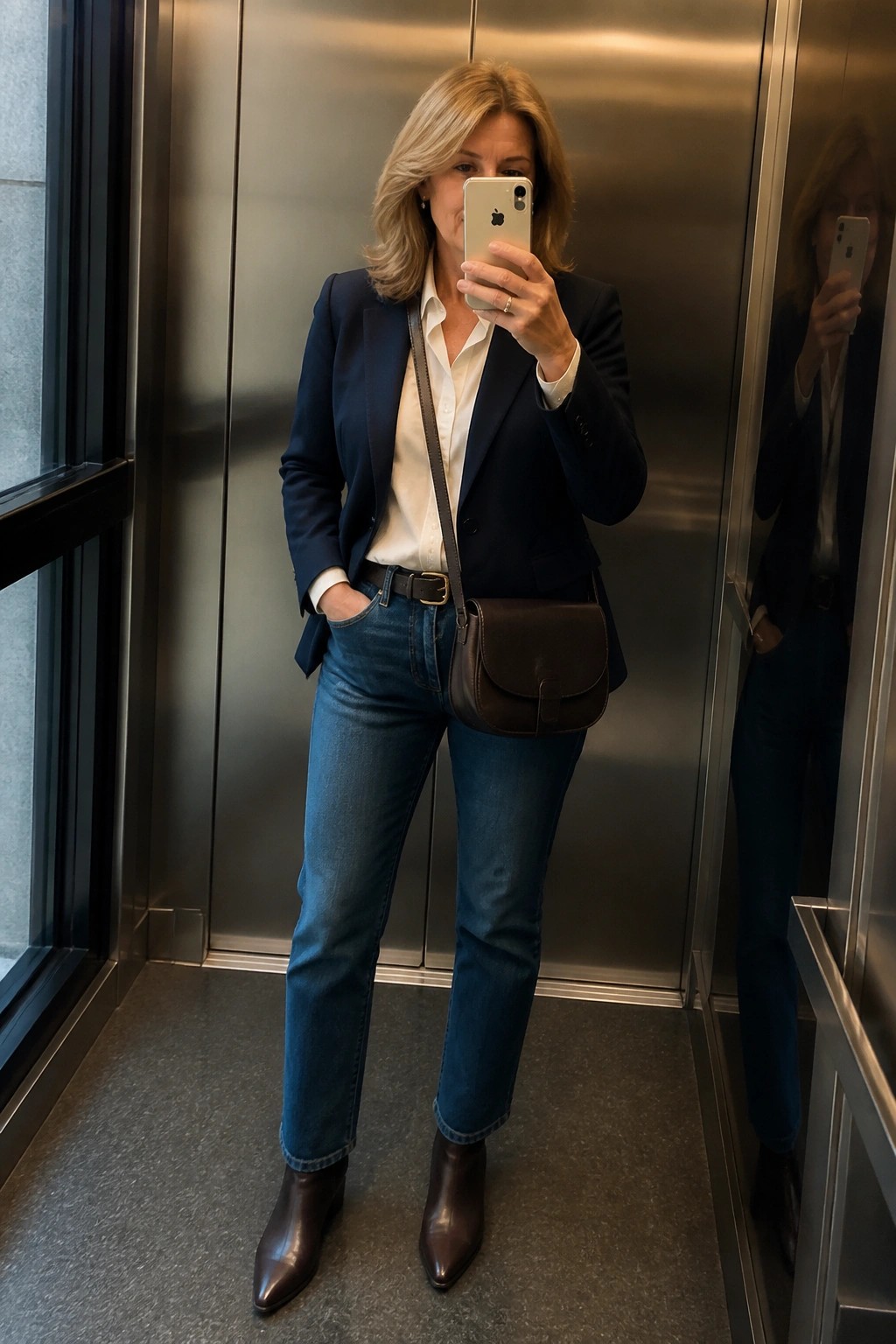 Woman in navy blazer and jeans taking selfie in elevator mirror