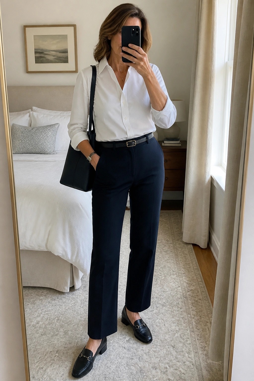 Woman in white shirt and navy pants taking mirror selfie with black phone and bag