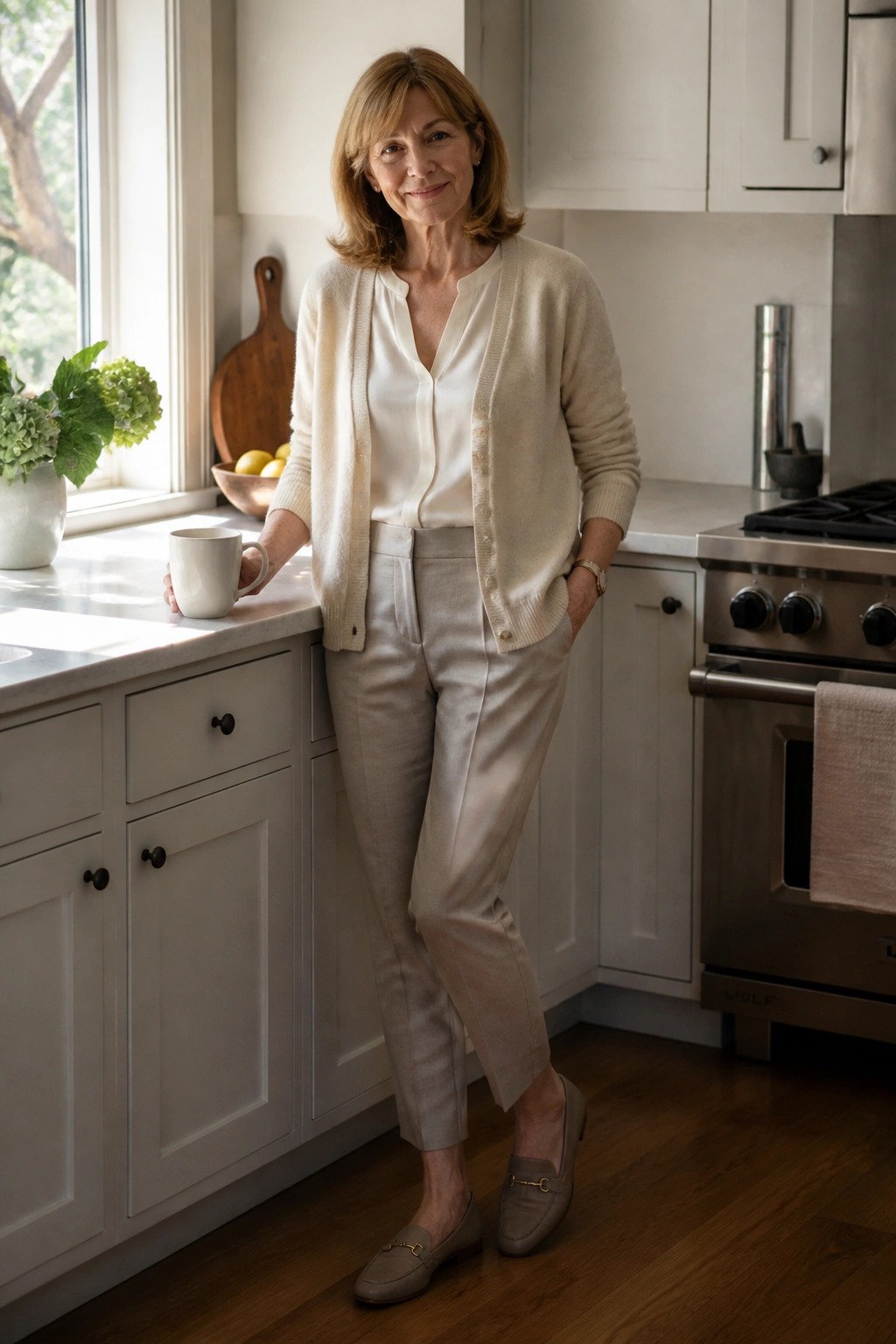 Woman in cream cardigan and beige pants holding mug in bright kitchen