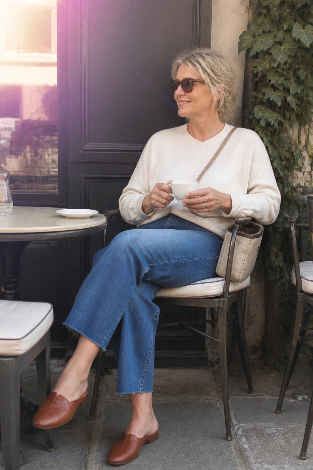 Woman in cream sweater and blue jeans holding coffee at sunny cafe table