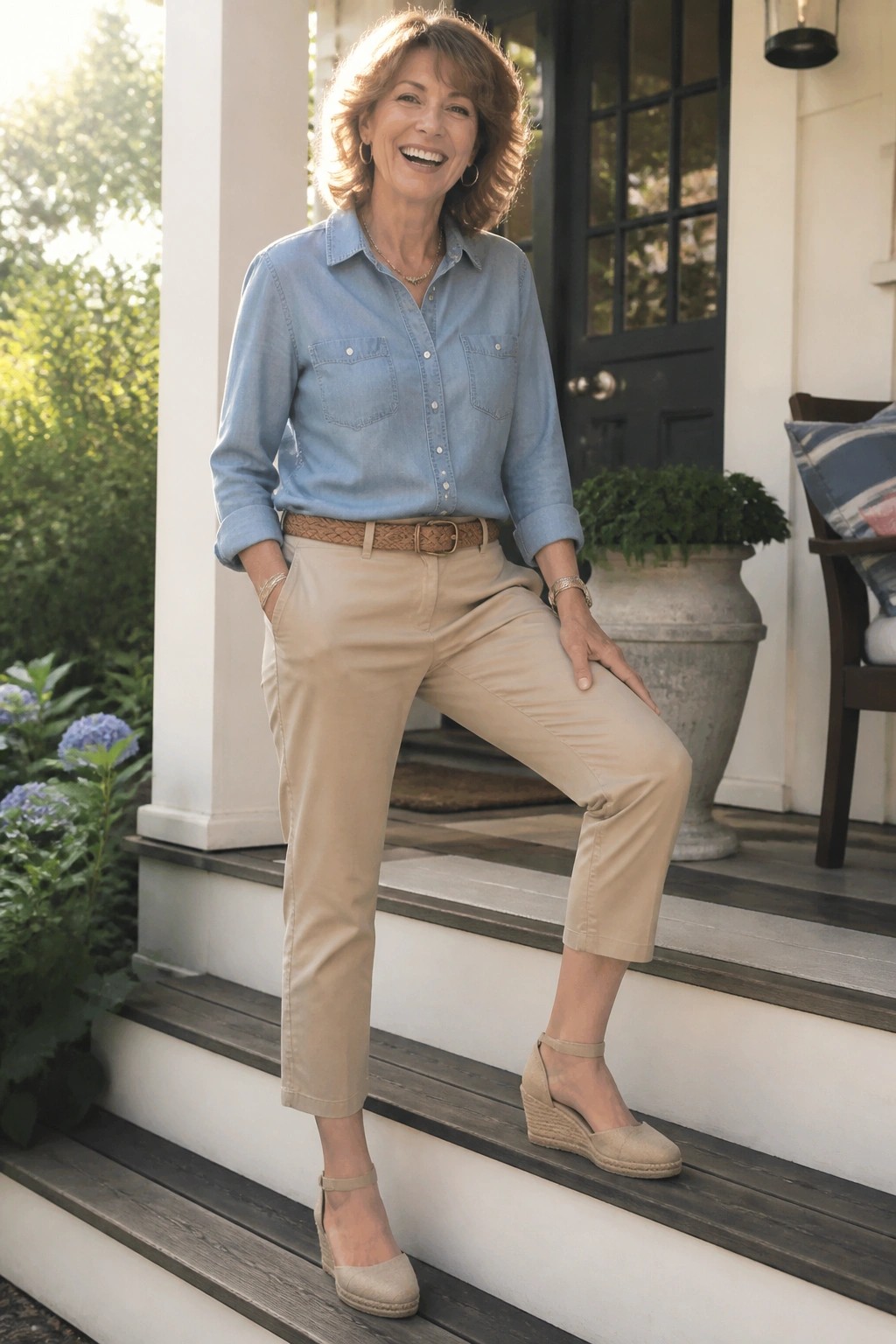 Smiling woman in blue denim shirt and beige pants on wooden house steps