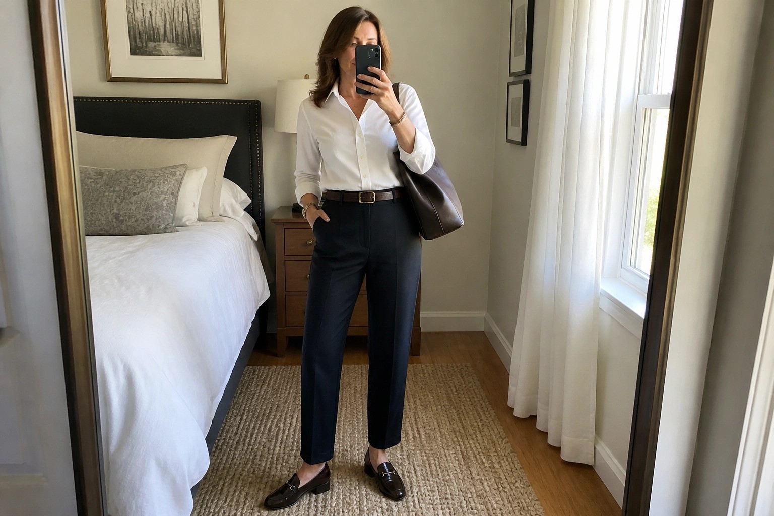 Woman in white shirt and navy pants taking mirror selfie with black phone and bag