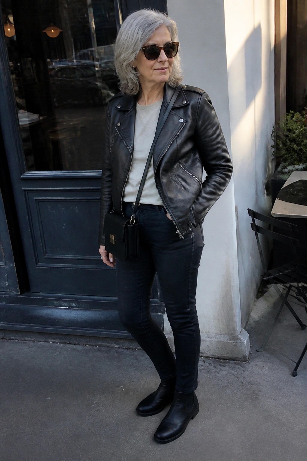 Silver-haired woman in black leather jacket, jeans, and boots with handbag.