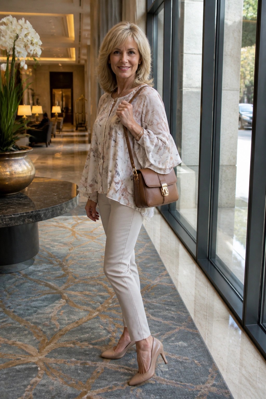 Elegant blonde woman in floral blouse and beige pants with brown handbag in luxury lobby