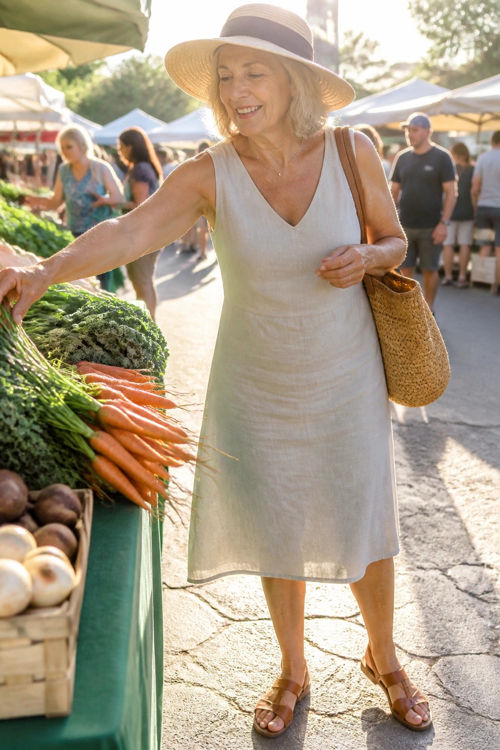 Elderly woman in beige linen dress and hat selects carrots at sunny farmers market