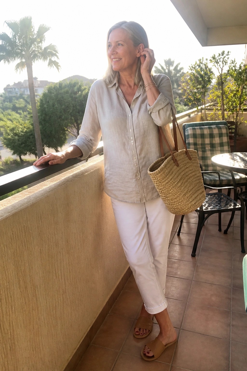 Woman over 50 wearing a beige linen button-up shirt tucked into white cropped pants with brown slide sandals and carrying a straw tote bag.