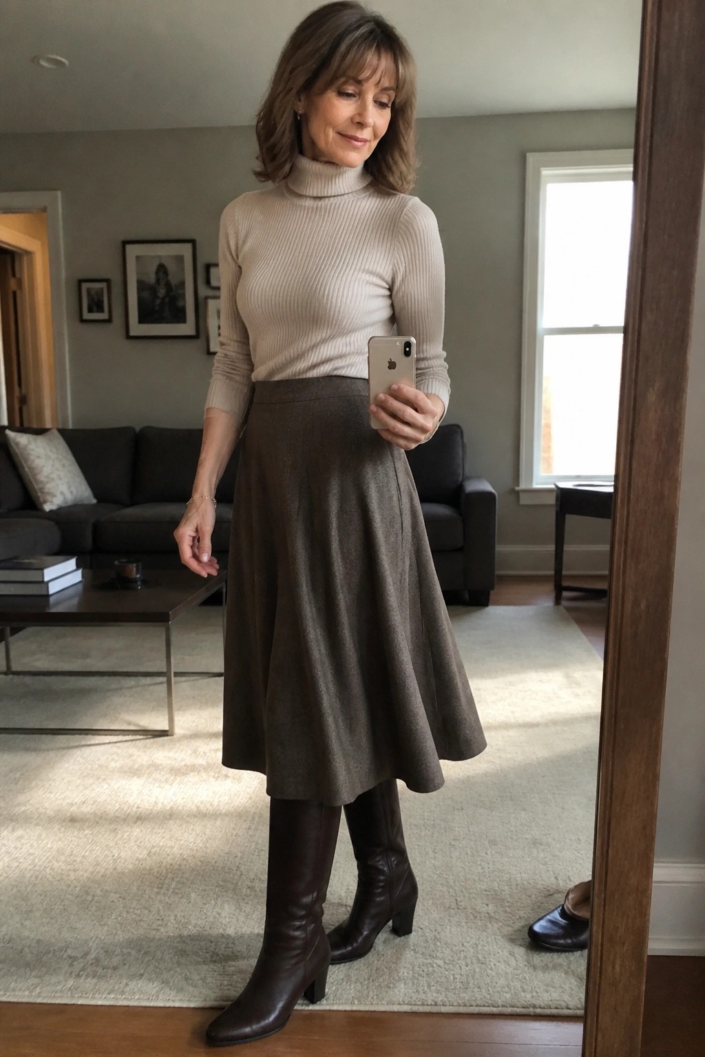 Woman in beige turtleneck and brown skirt taking mirror selfie in living room