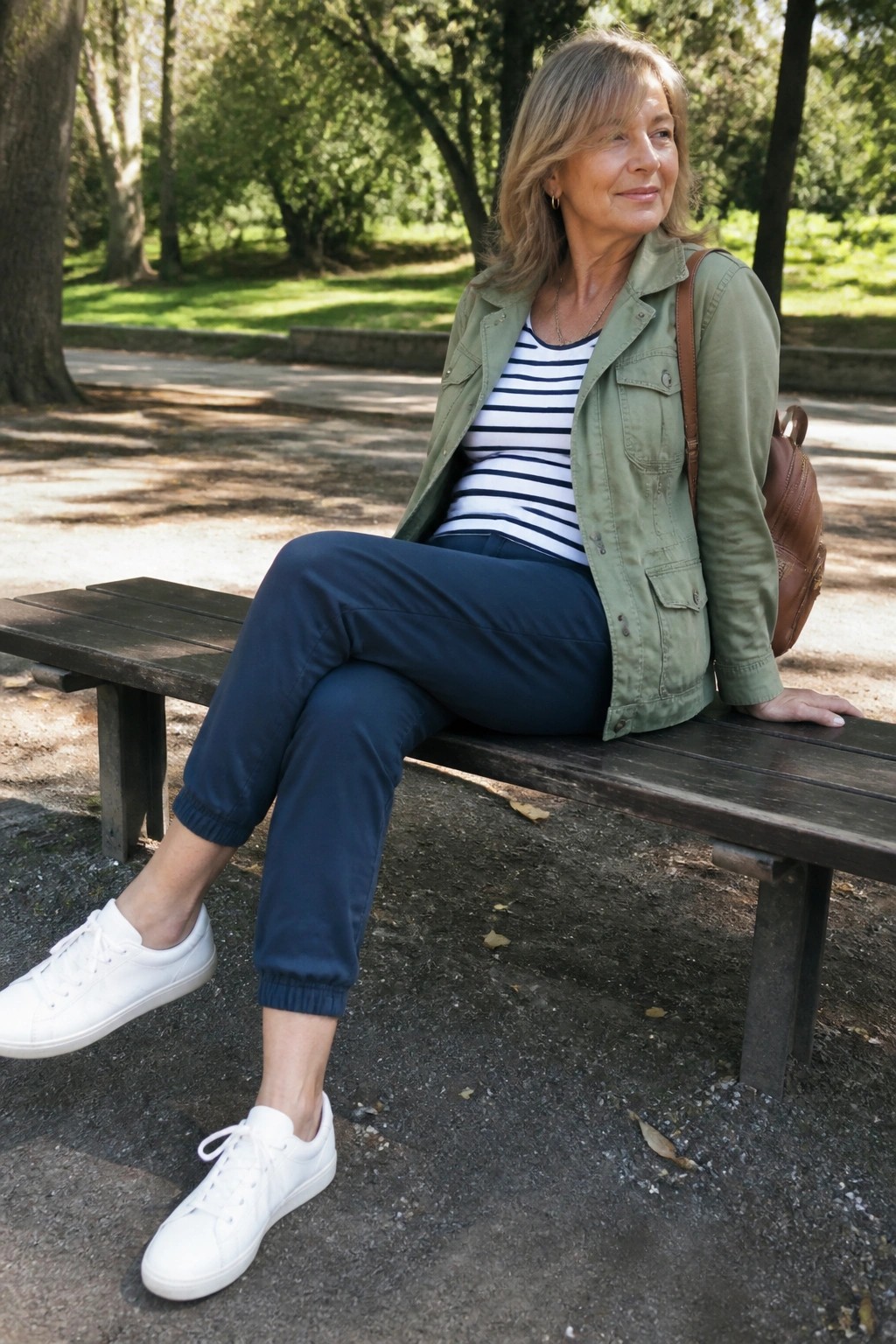 Woman in green jacket over striped shirt sits on park bench with backpack