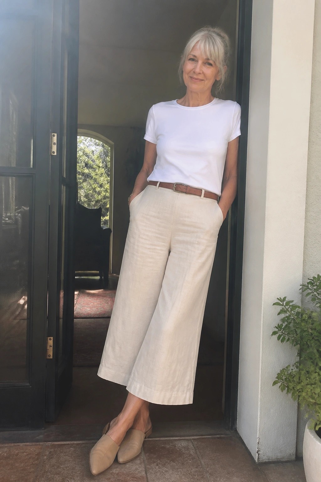 Woman in white t-shirt and beige wide-leg pants standing in doorway