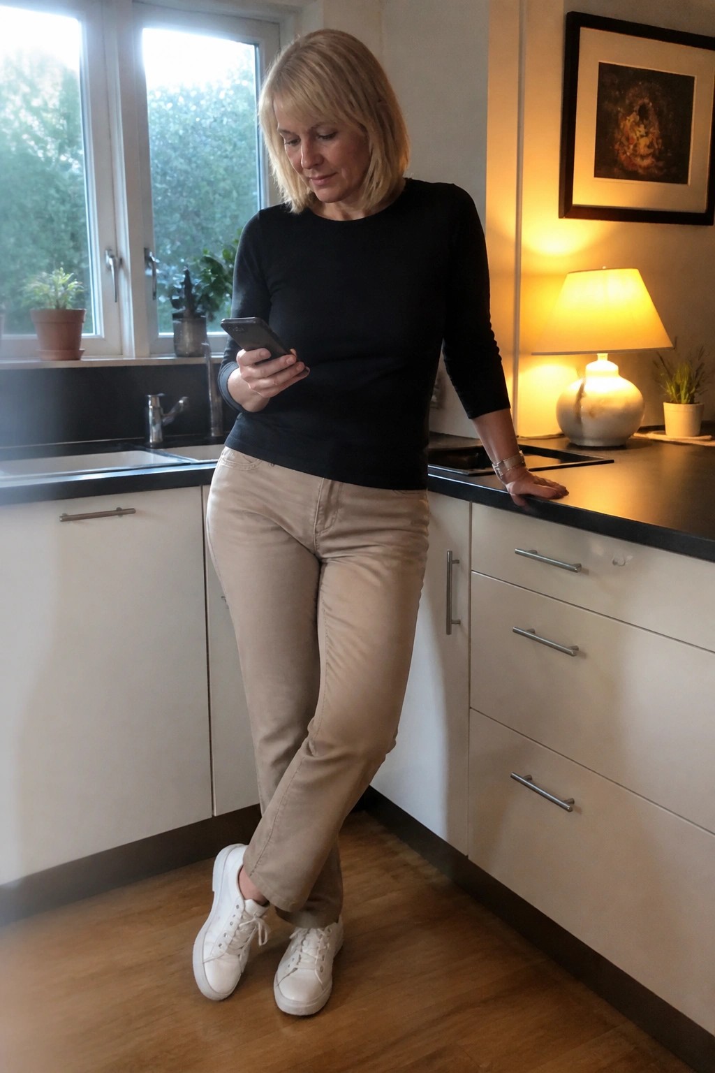 Blonde woman in black top and beige pants checks smartphone in kitchen