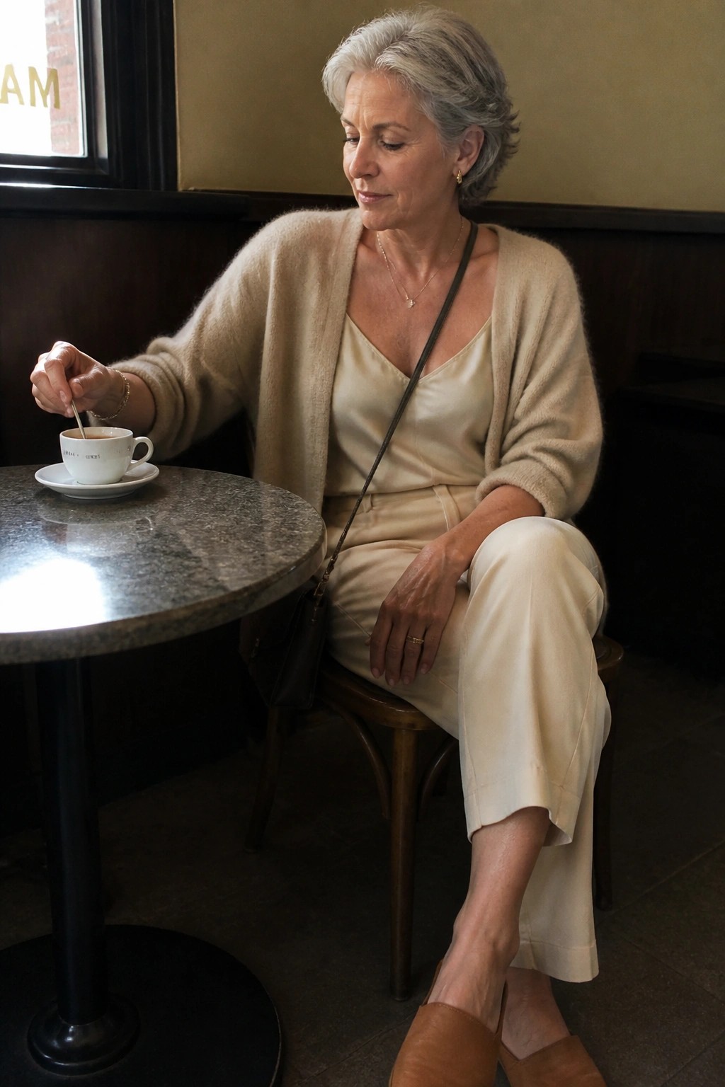 Gray-haired woman in beige cardigan stirring coffee at marble cafe table.