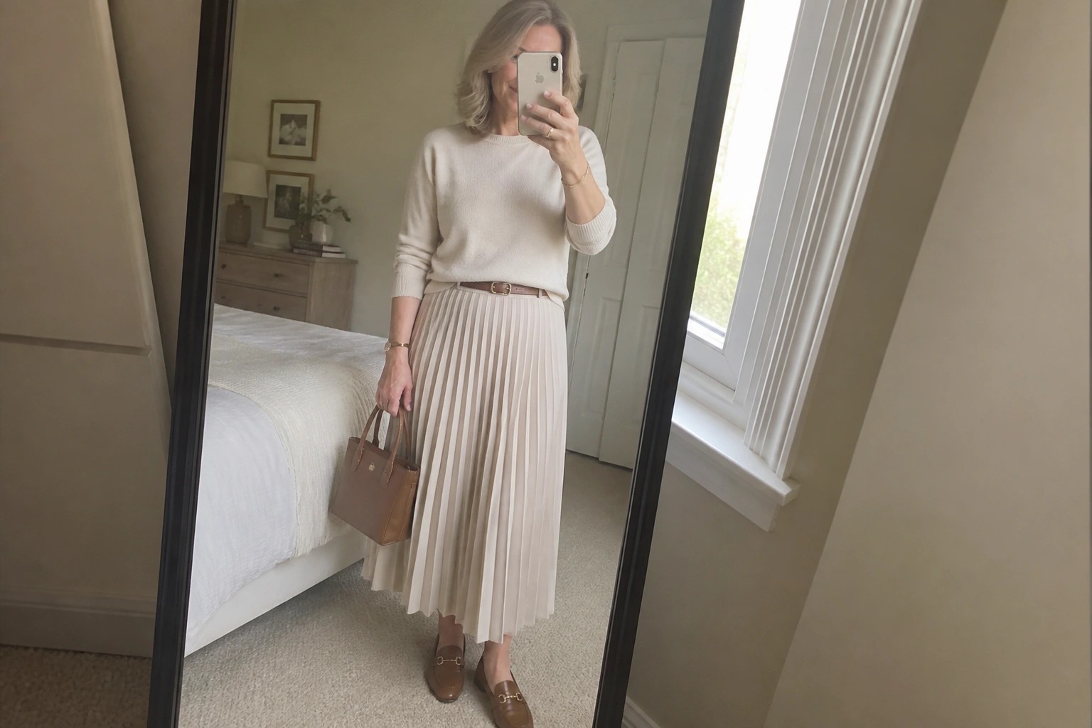 Woman in cream sweater and pleated skirt taking mirror selfie with brown bag and loafers