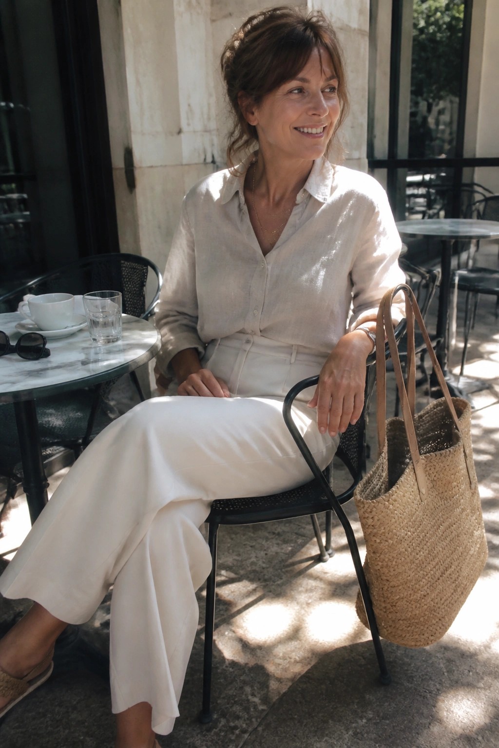 Woman in light linen outfit smiling at sunny outdoor cafe with straw tote bag