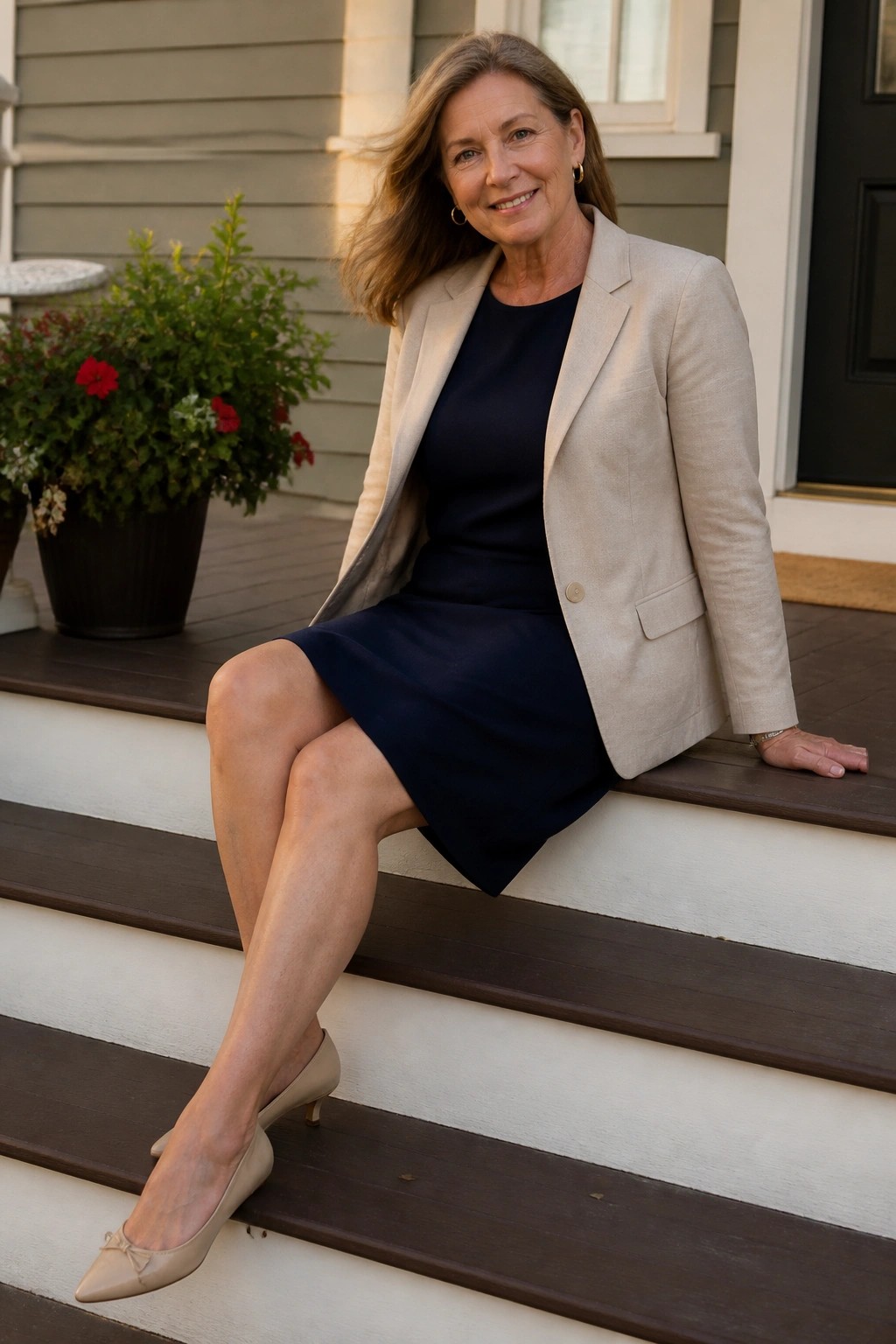 Smiling woman in beige blazer and navy dress seated on wooden steps