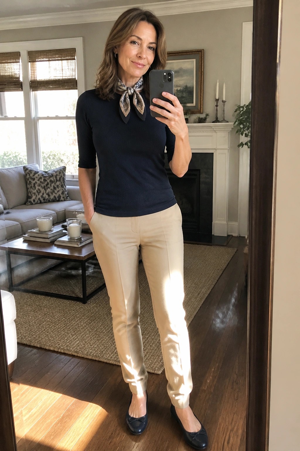 Woman in navy top with scarf, beige pants, and flats taking mirror selfie in living room.