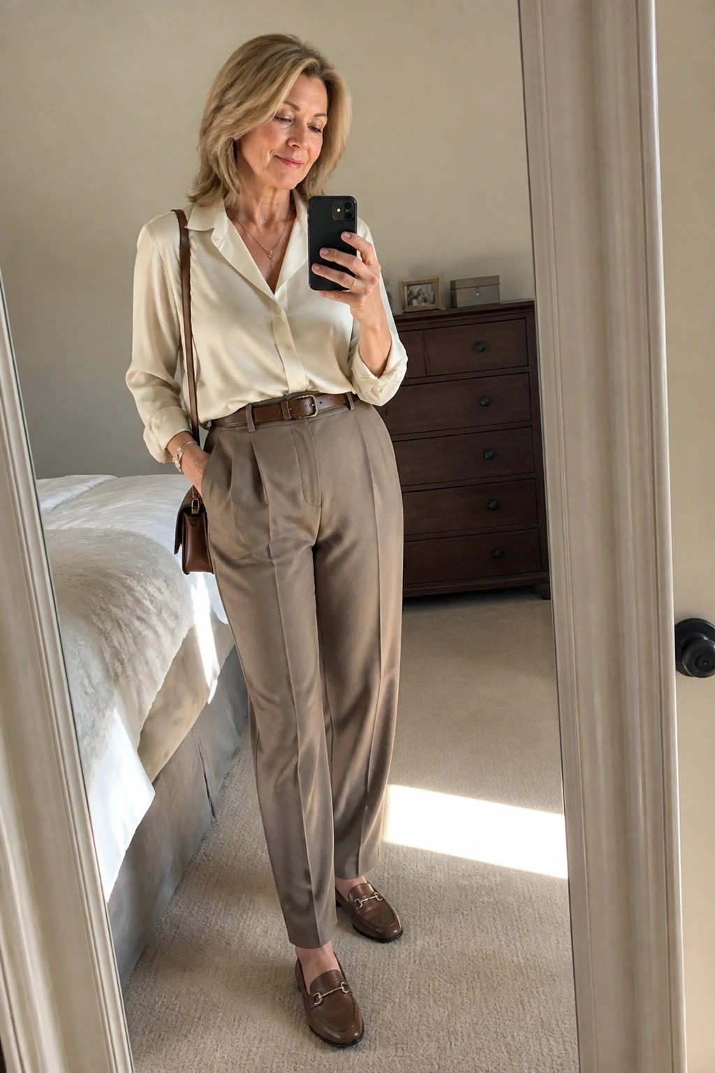 Blonde woman in cream blouse and taupe trousers taking bedroom mirror selfie