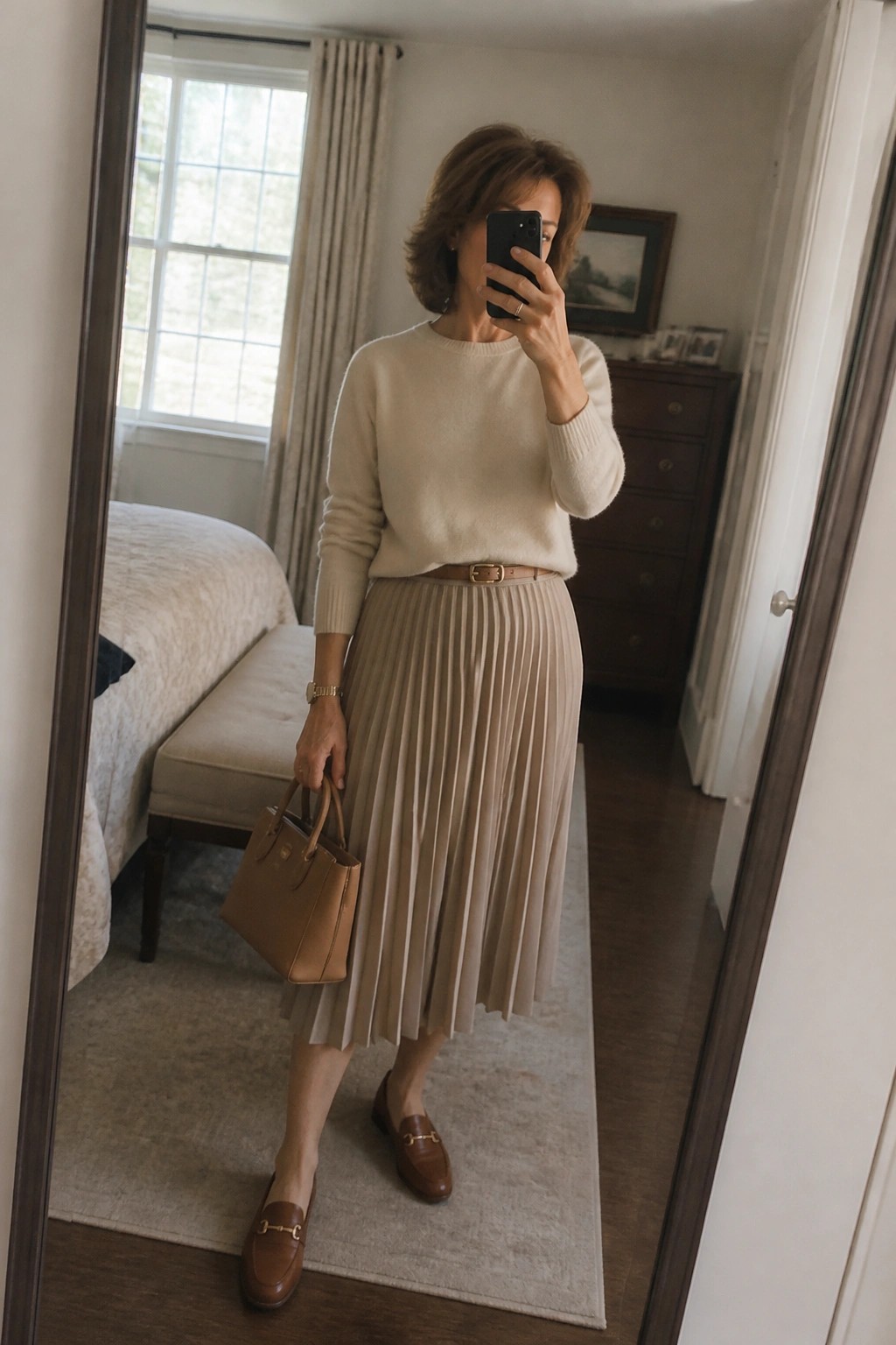 Woman in cream sweater and pleated skirt taking mirror selfie with brown bag and loafers