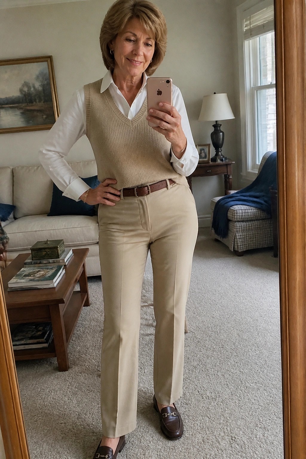 Woman in beige sweater vest and trousers taking mirror selfie in living room