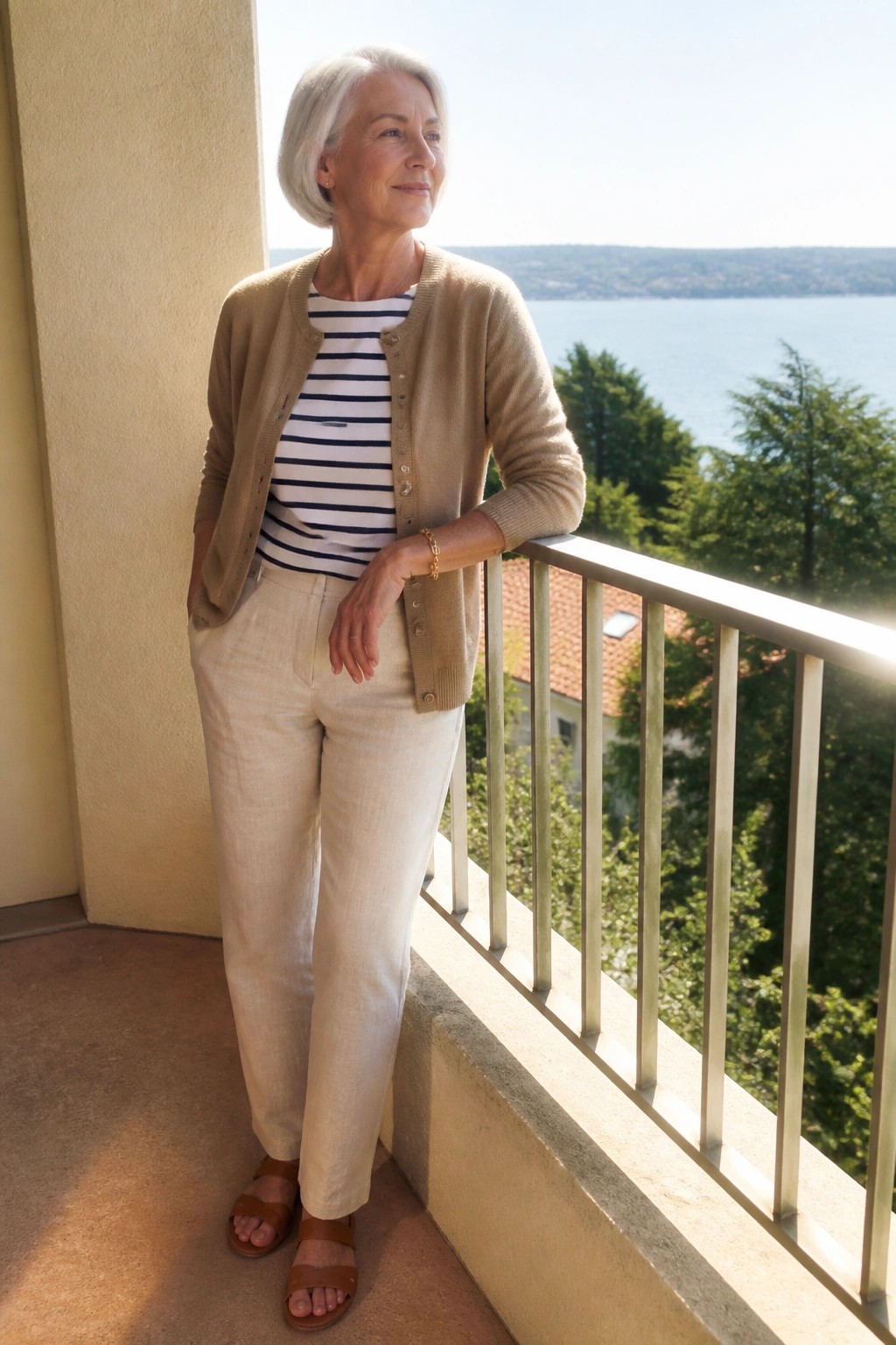 Elderly woman in striped top and beige cardigan on sunny balcony by water