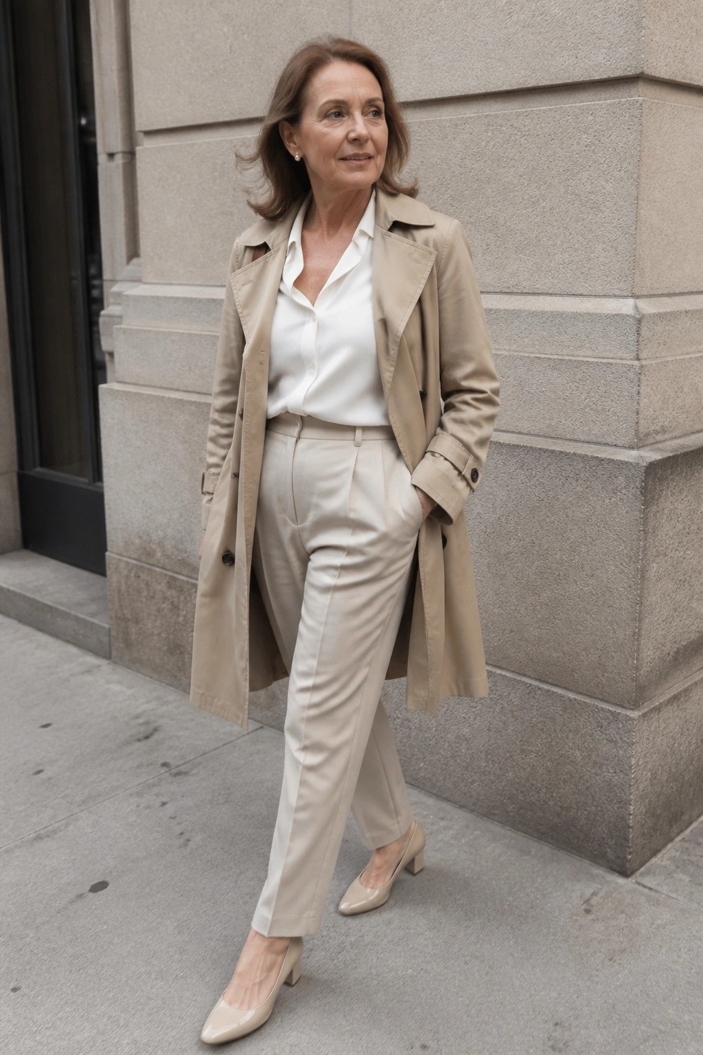 Woman in beige trench coat, white blouse, and trousers on city sidewalk