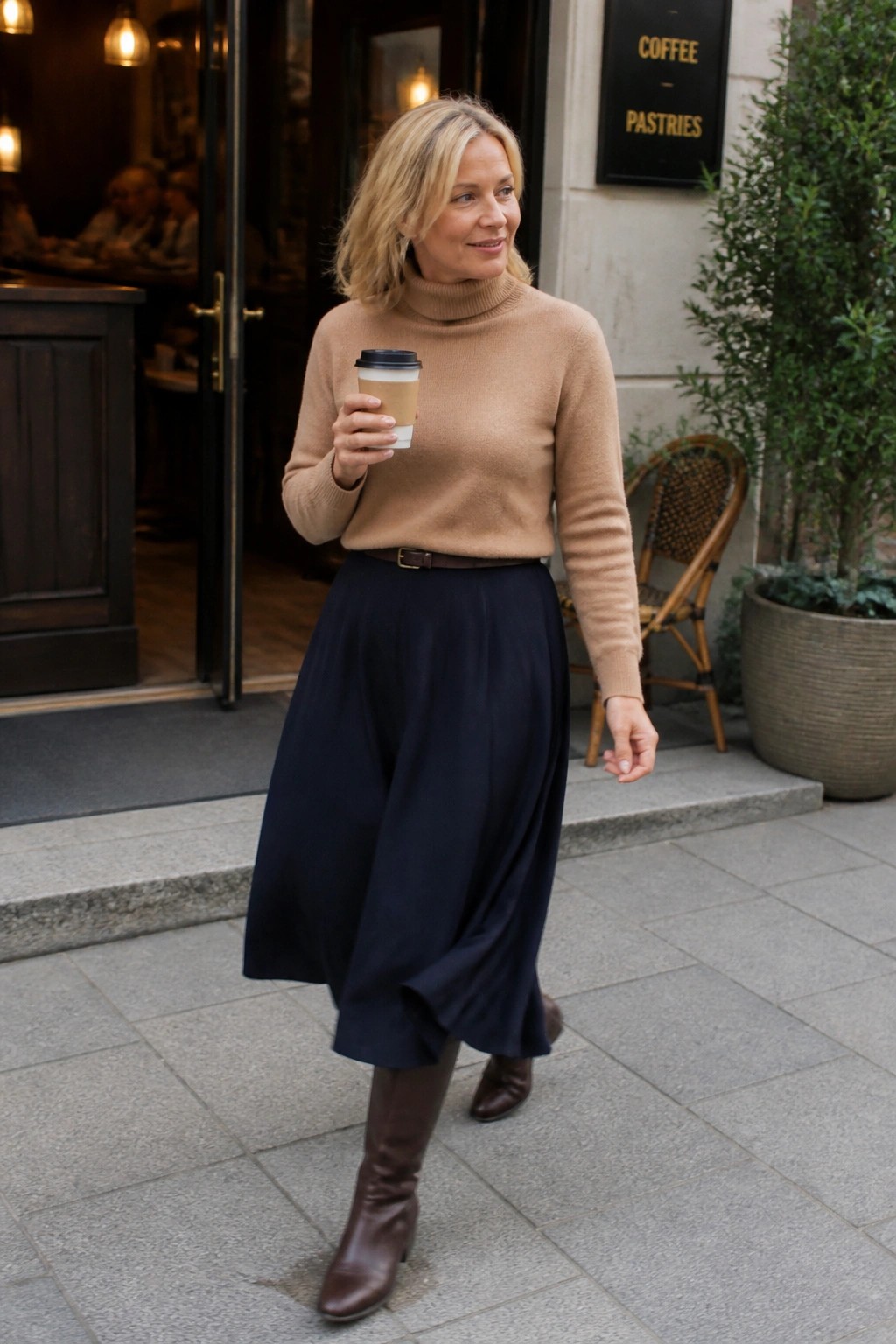 Blonde woman in beige turtleneck and navy skirt holding coffee outside cafe entrance