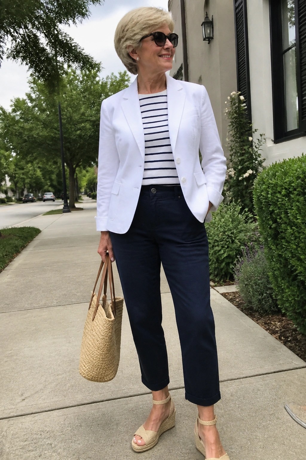 Woman in white blazer, striped top, and navy pants holding woven tote on sidewalk