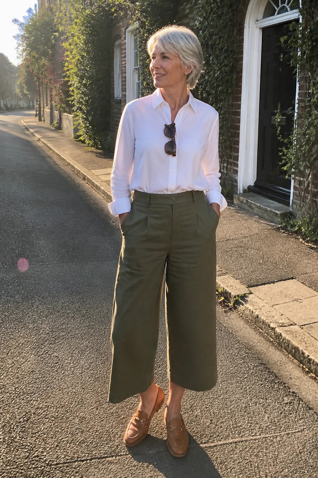 Woman with short gray hair in white shirt and olive green pants on sidewalk