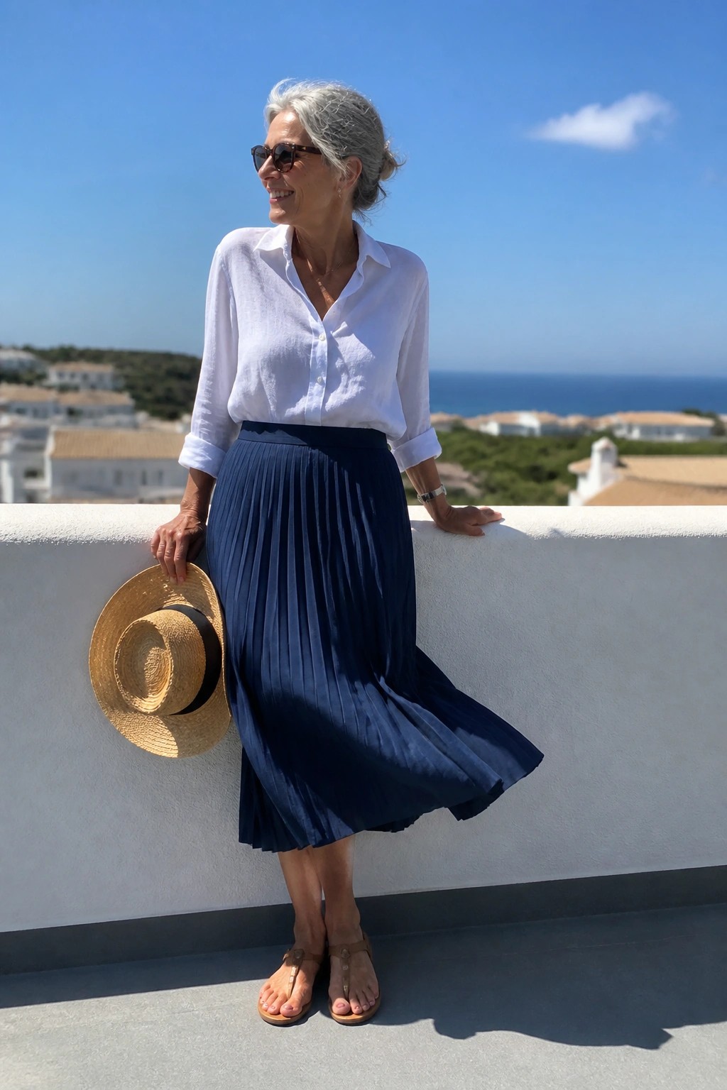 Woman over 50 wearing a white linen button down shirt tucked into a navy blue pleated midi skirt with brown sandals and holding a straw hat.