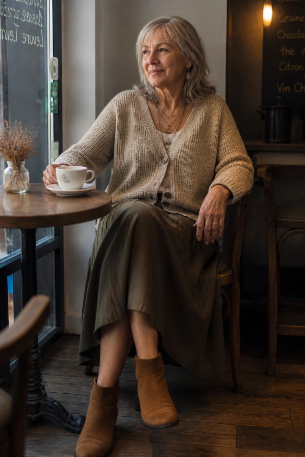 Woman over 50 wearing a beige knit cardigan over a white top with an olive midi skirt and brown suede ankle boots, layered necklaces visible as she sits at a cafe table holding a coffee cup.