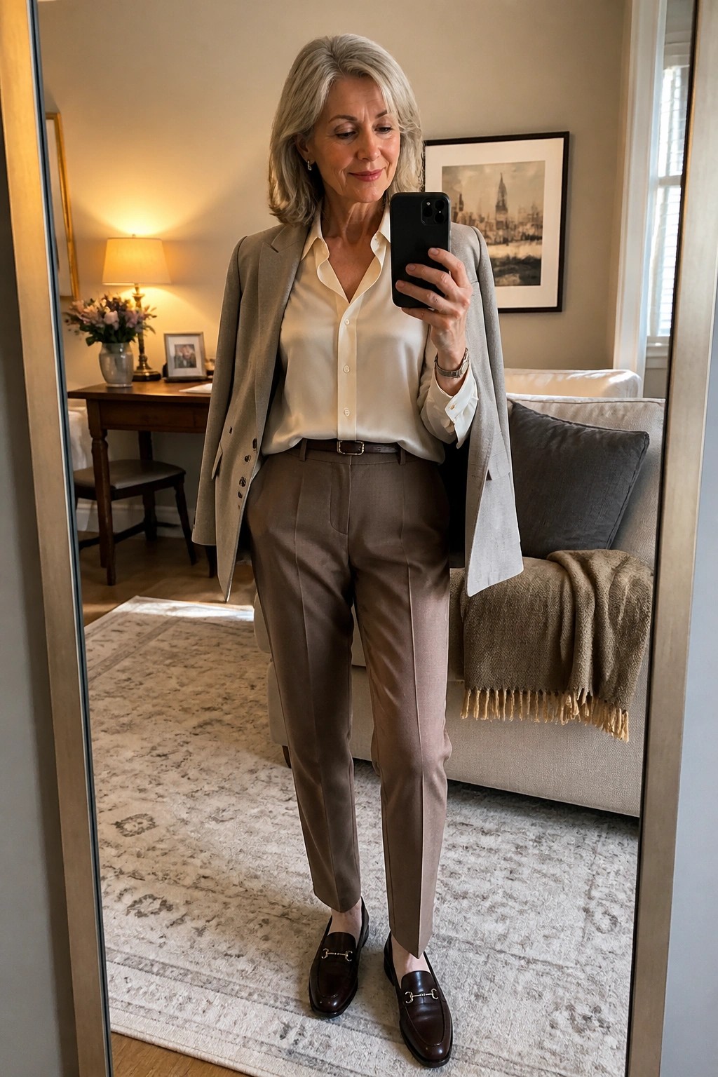 Silver-haired woman in beige blazer and brown trousers taking mirror selfie