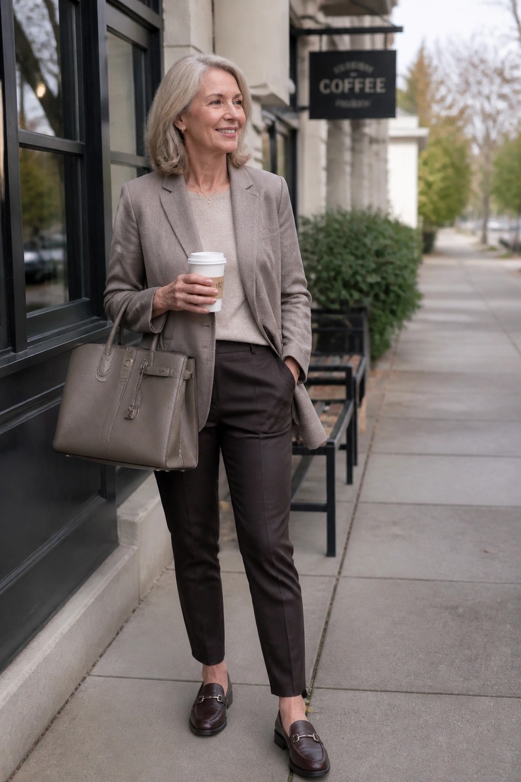 Elegant gray-haired woman in taupe blazer holding coffee and handbag on sidewalk.