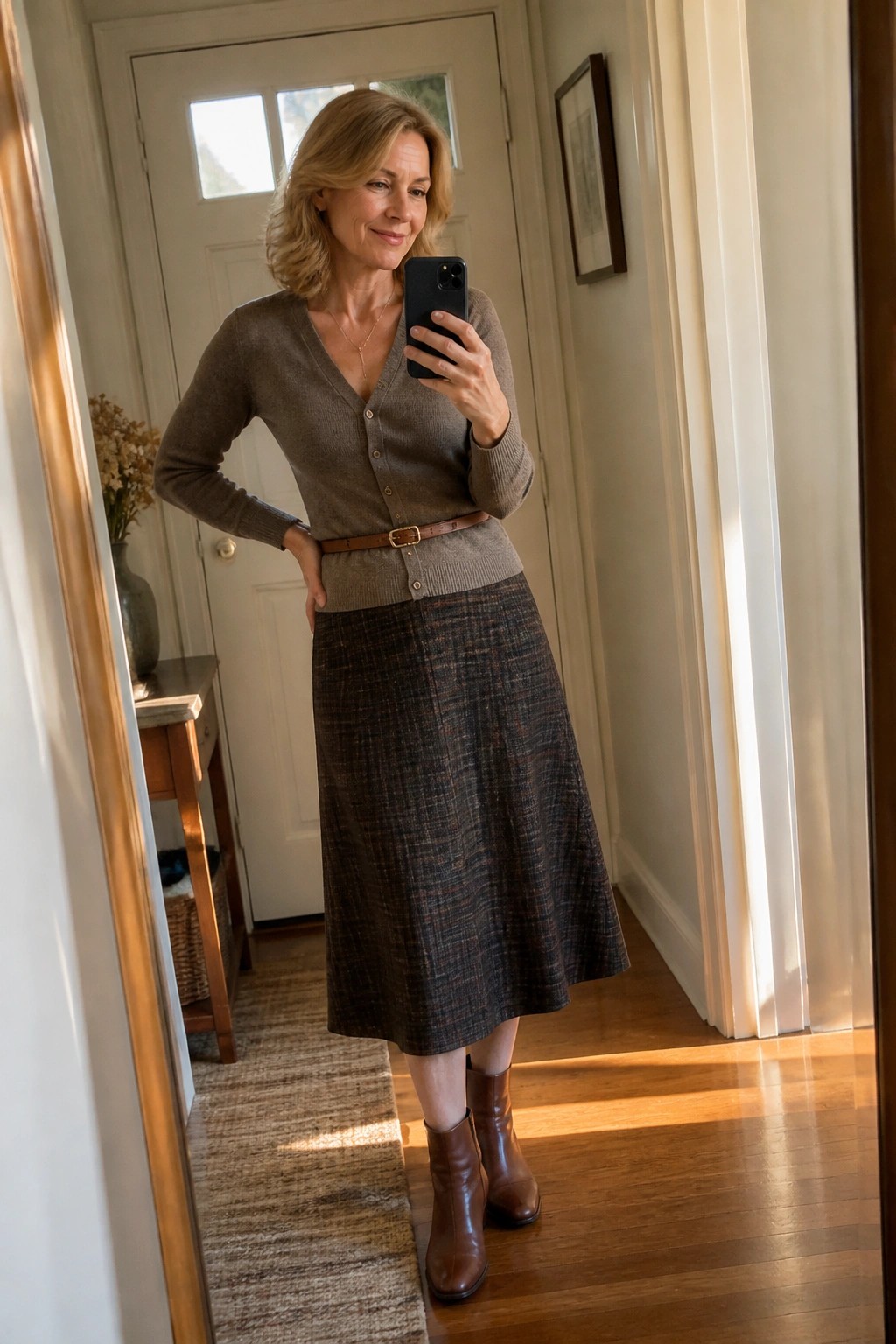 Smiling woman in taupe cardigan and plaid skirt taking mirror selfie in hallway