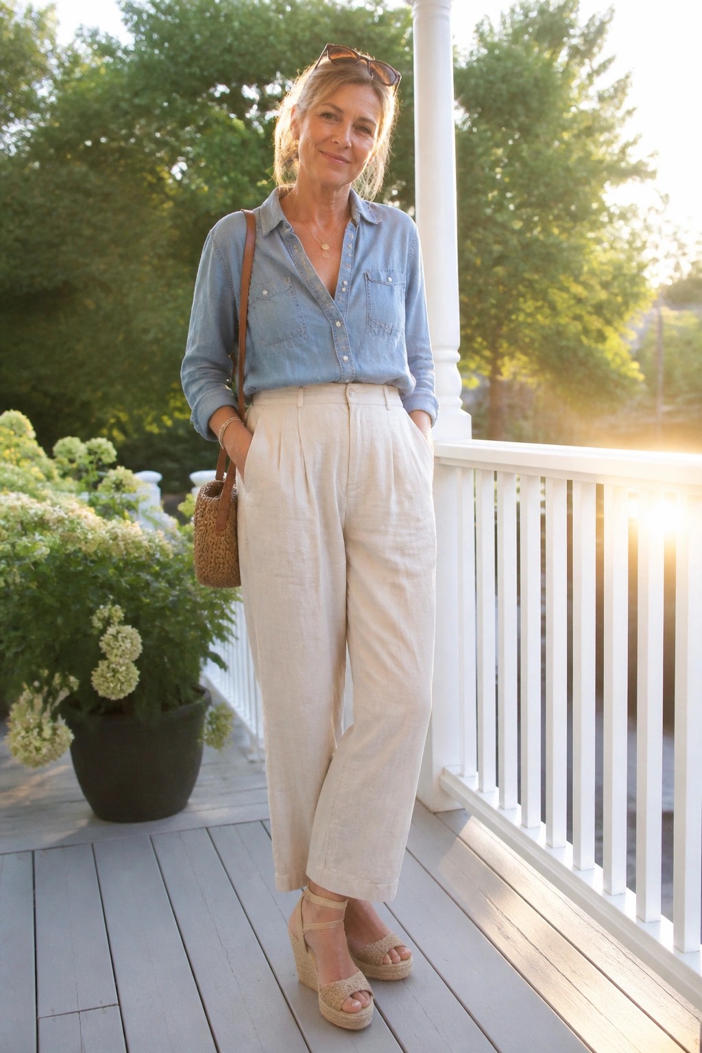 Woman in blue denim shirt and beige linen pants on sunny wooden porch