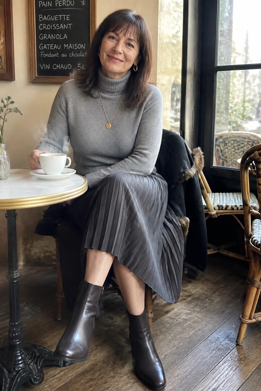 Woman in gray turtleneck and pleated skirt with coffee in cafe