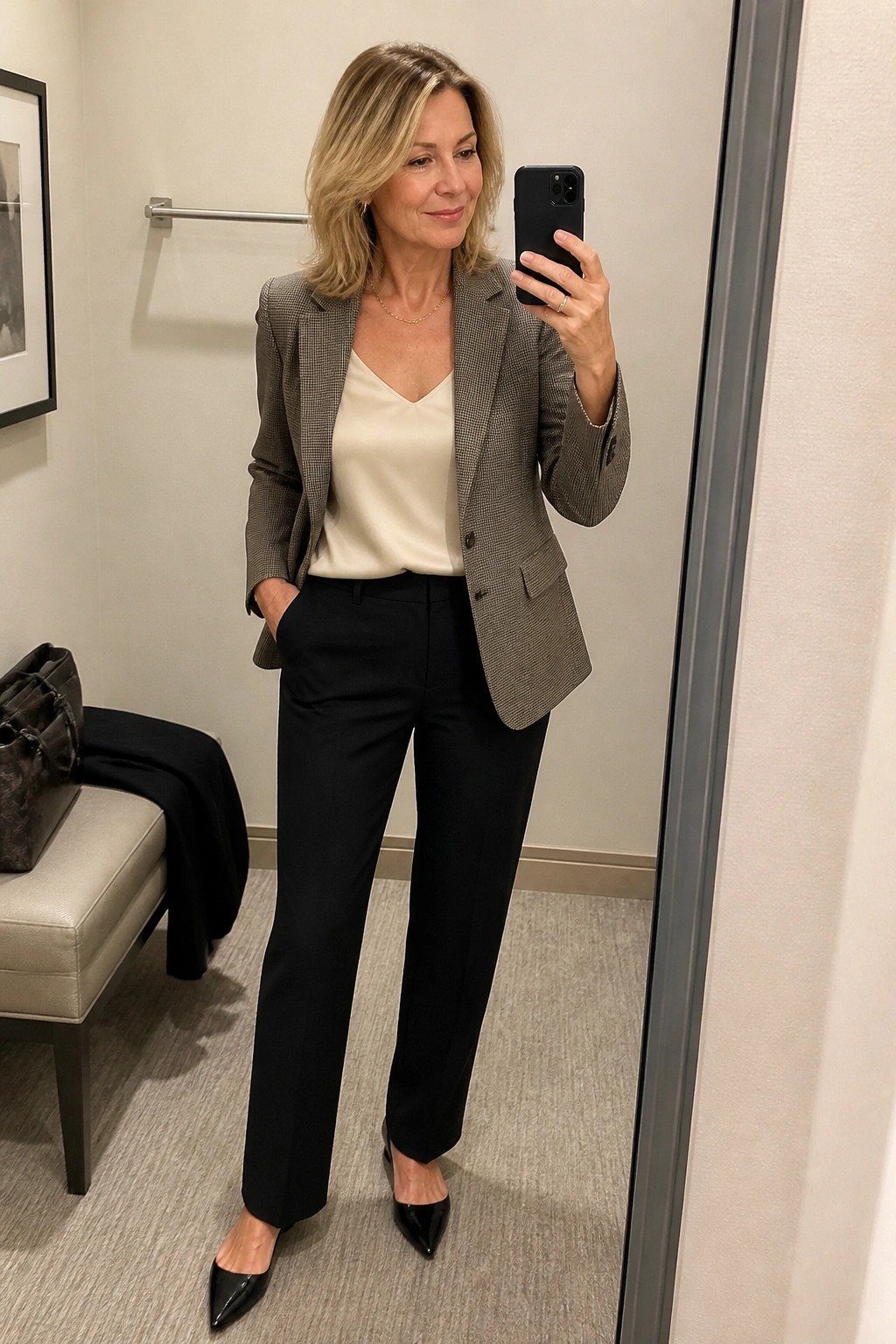 Woman in checkered blazer, cream top, and black pants taking mirror selfie.