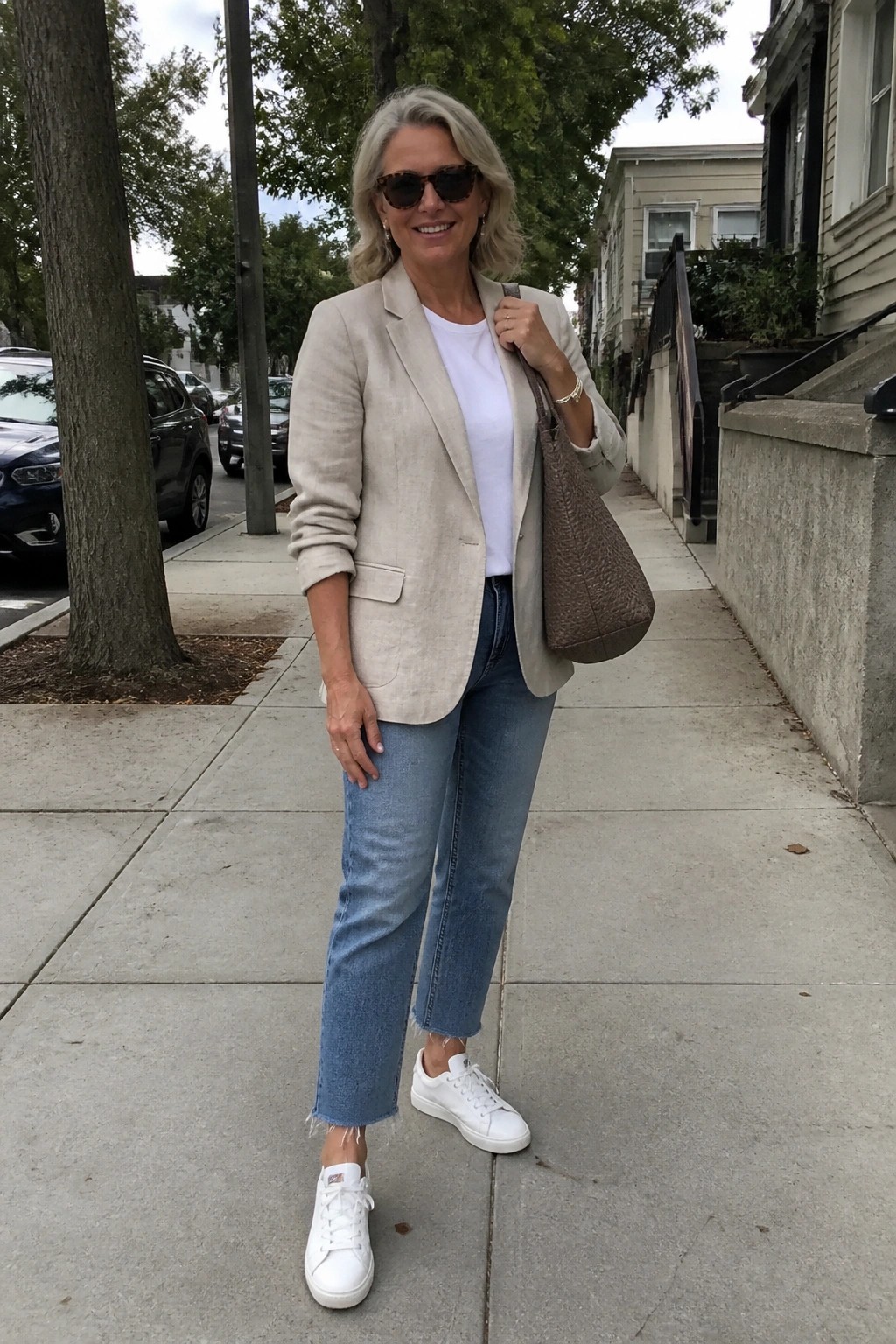 Smiling gray-haired woman in beige blazer, jeans, and sneakers on urban sidewalk.