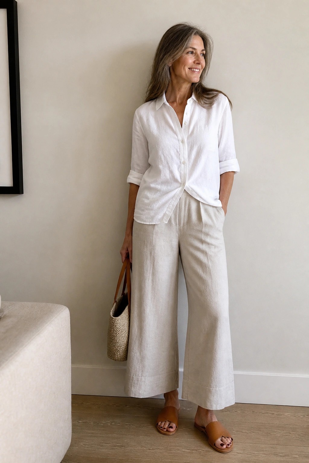 Smiling woman in white linen shirt and beige wide-leg pants holding woven bag.
