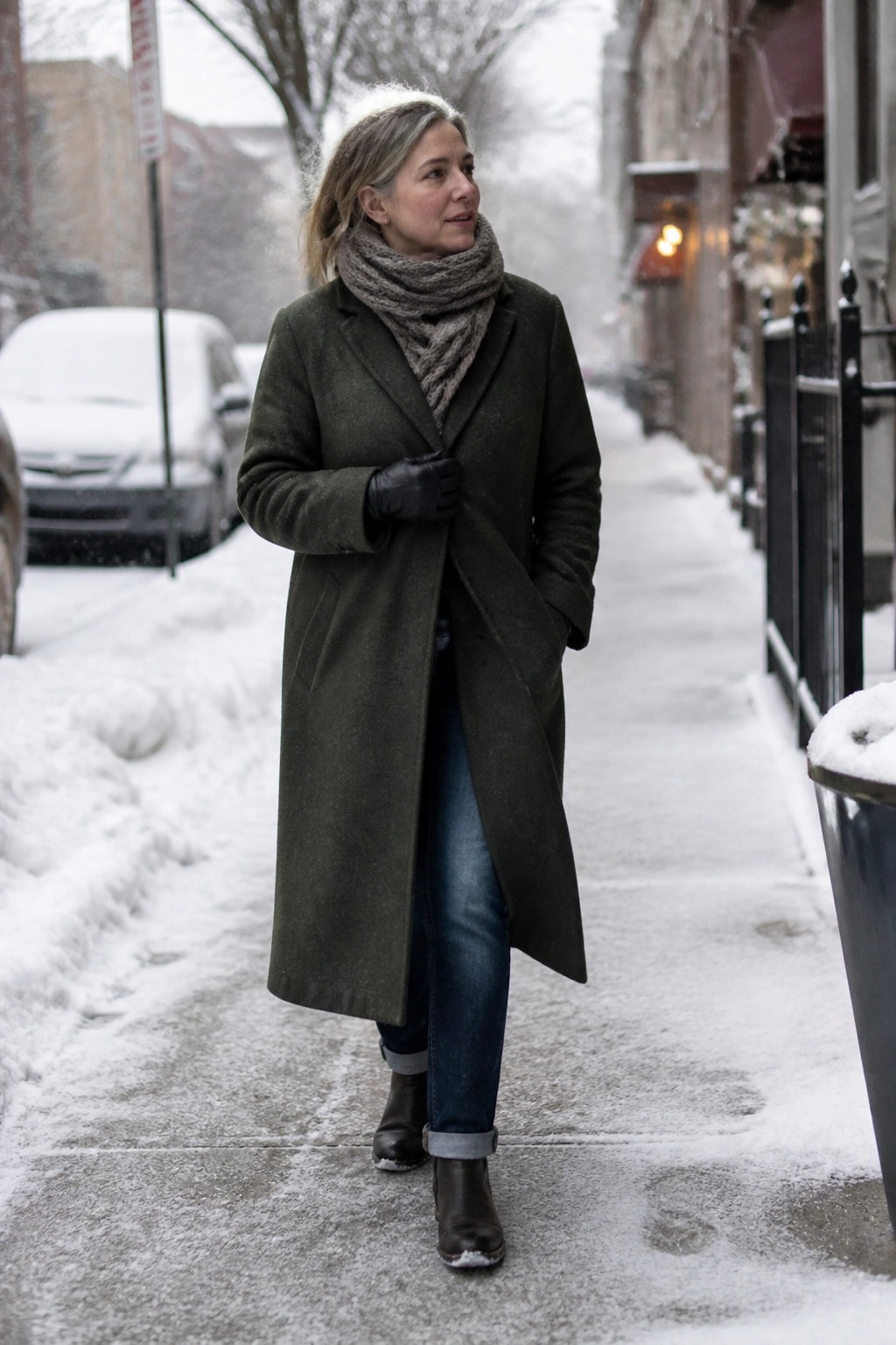 Woman in long green coat and gray scarf walking on snowy sidewalk.