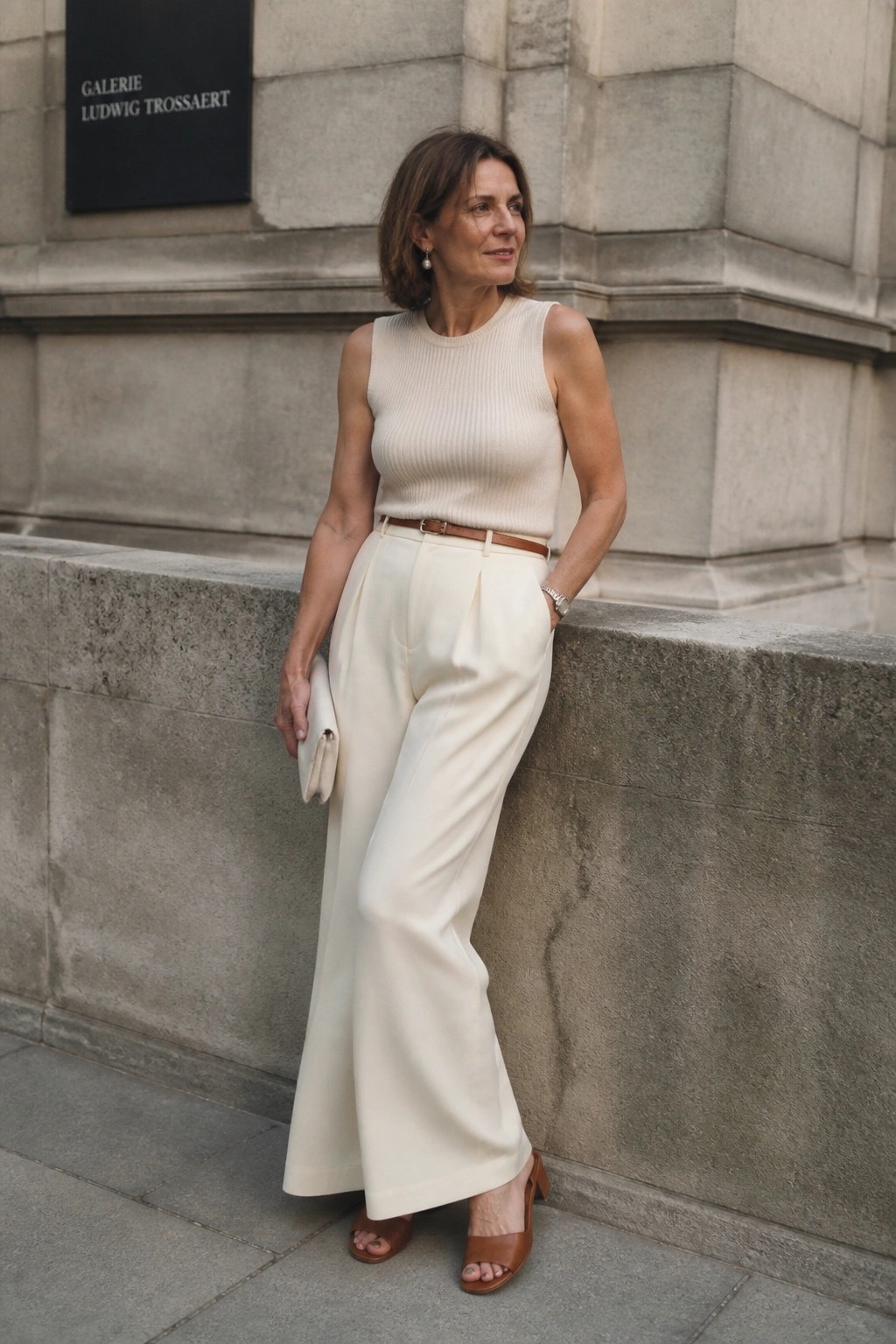 Woman in cream sleeveless top and white wide-leg pants leaning on stone wall