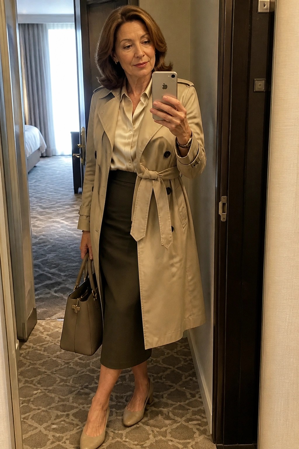 Woman in beige trench coat and olive skirt holding phone and handbag in mirror