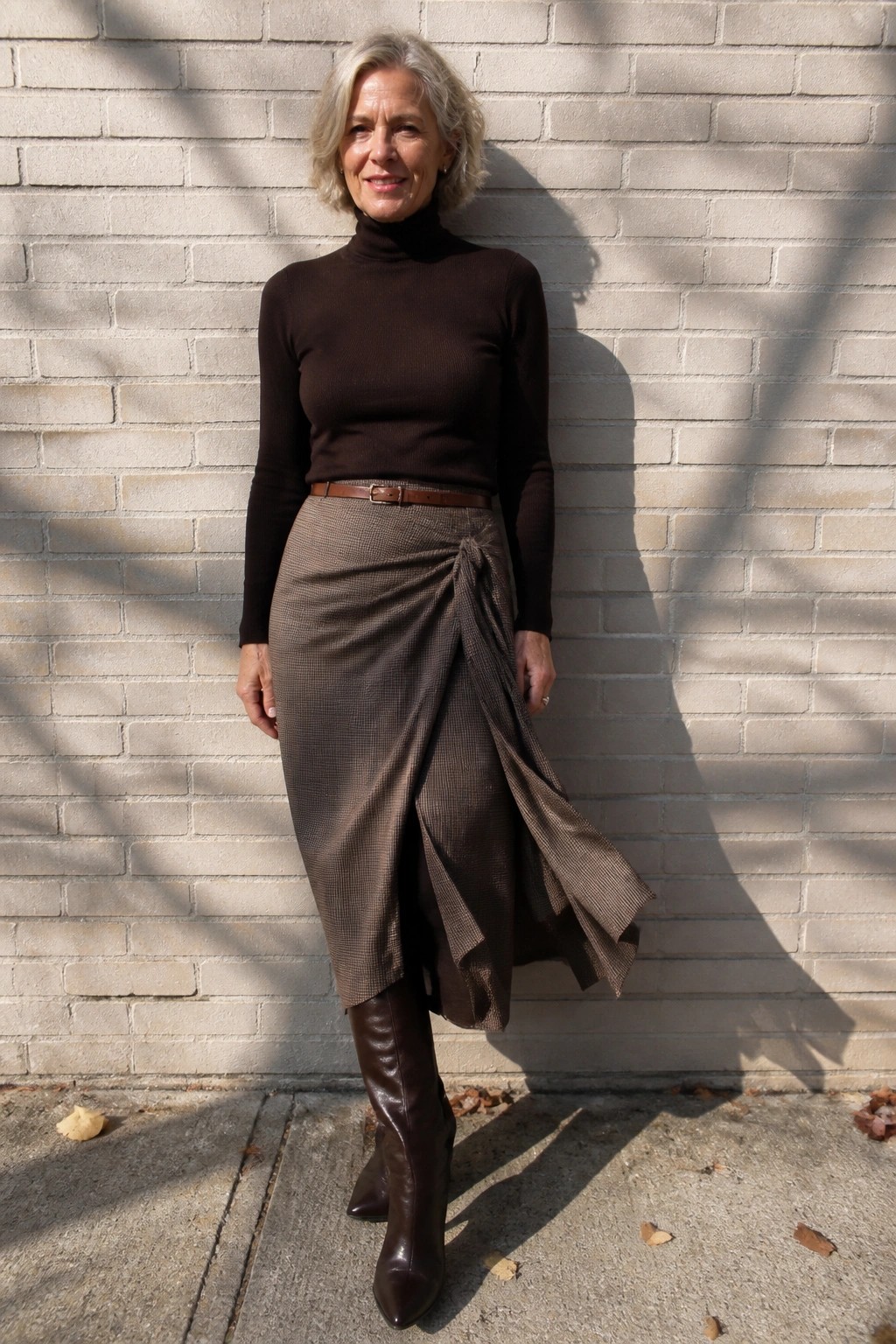 Gray-haired woman in brown turtleneck, patterned wrap skirt, and boots by brick wall