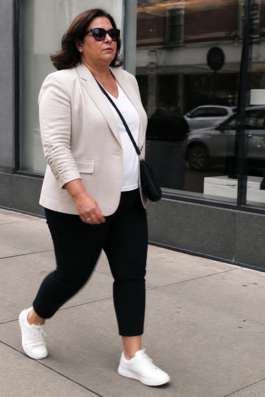 Woman in beige blazer, white top, black pants, and white sneakers walking on sidewalk